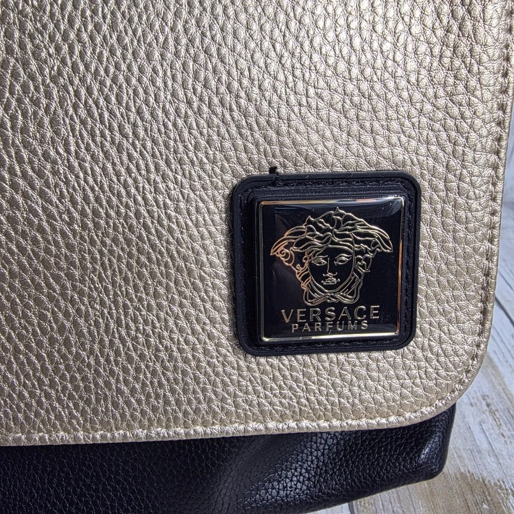 Versace Parfums Black Gold Pebbled Faux Leather Medusa Foldover Clutch Bag